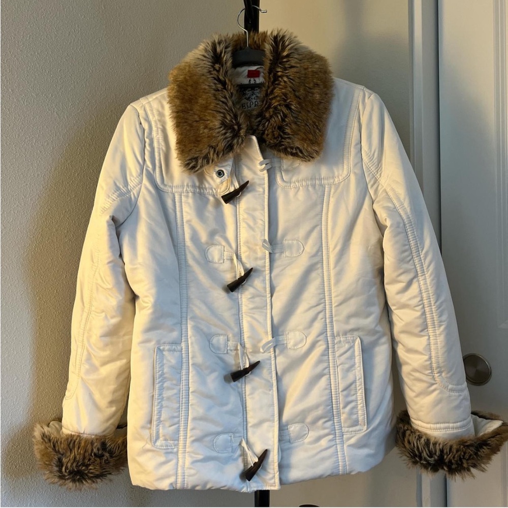 Esprit fur collar puffer jacket with horn toggles